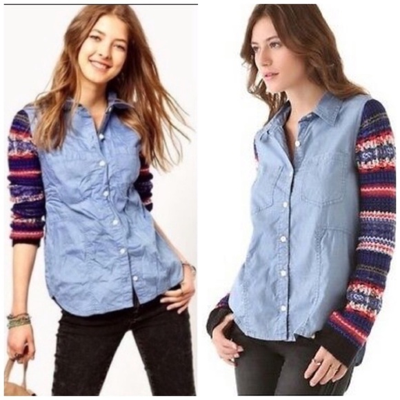 We the Free Fair Isle Chambray Top Small A0002 - Picture 1 of 7